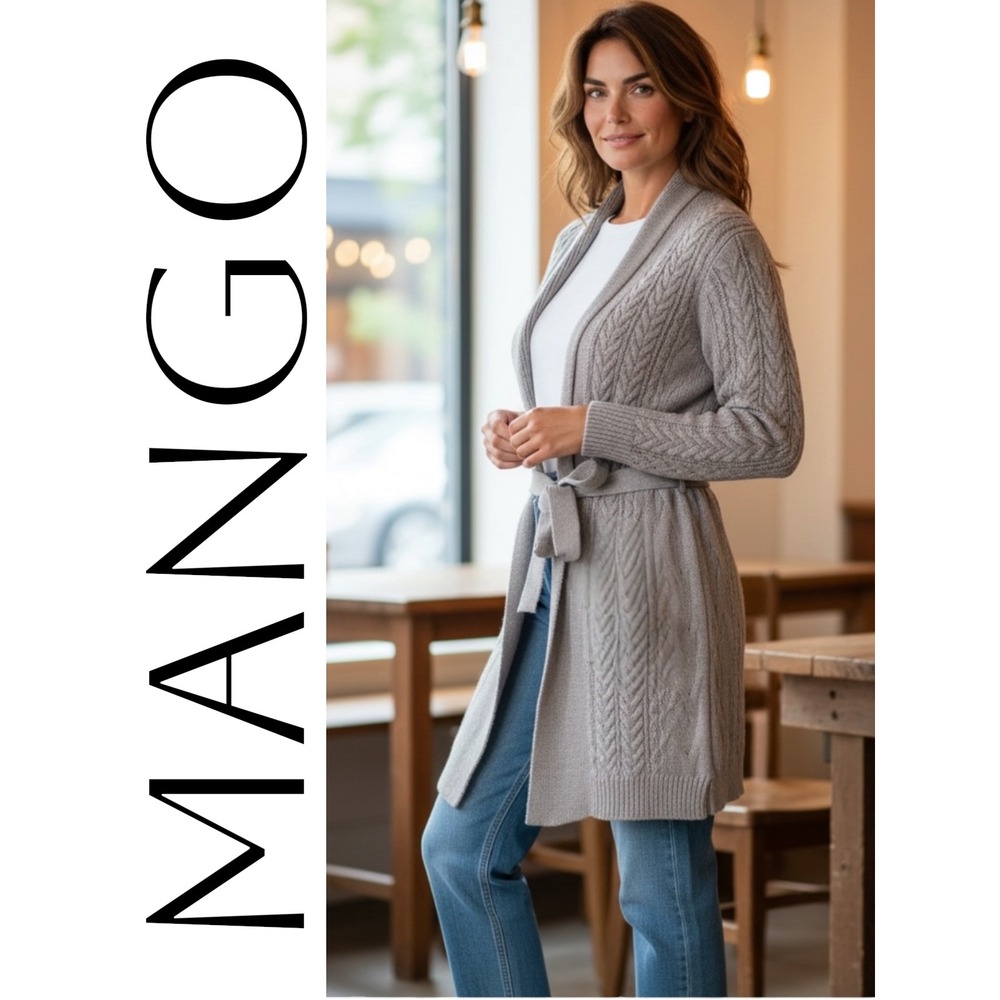 Mango Basics 100%‎ Cotton Cable Knit Cardigan Women XS Grey Belted Shawl Sweater